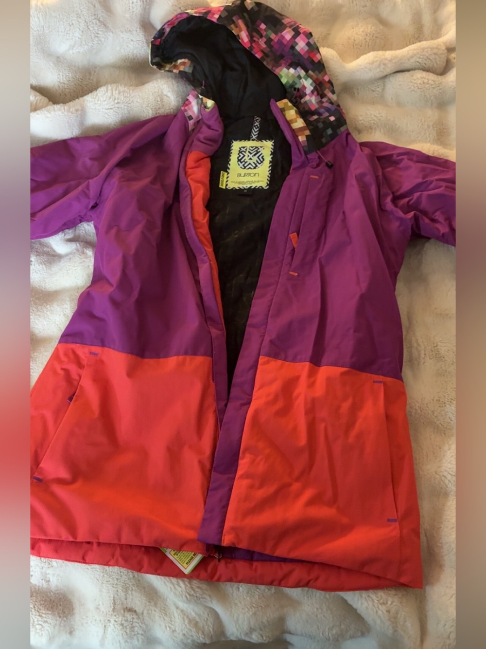 Burton Kids Two-Tone Purple and Orange Ski Jacket with Patterned Hood